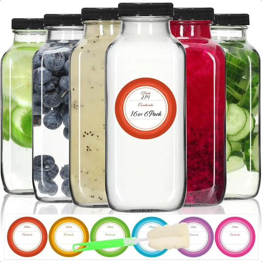 STARSIDE 16 Oz Glass Juice Bottles with Lids6 Pack Reusable Glass Drink Bottles 480Ml Water Bottles for Milk Juicing Kombucha G